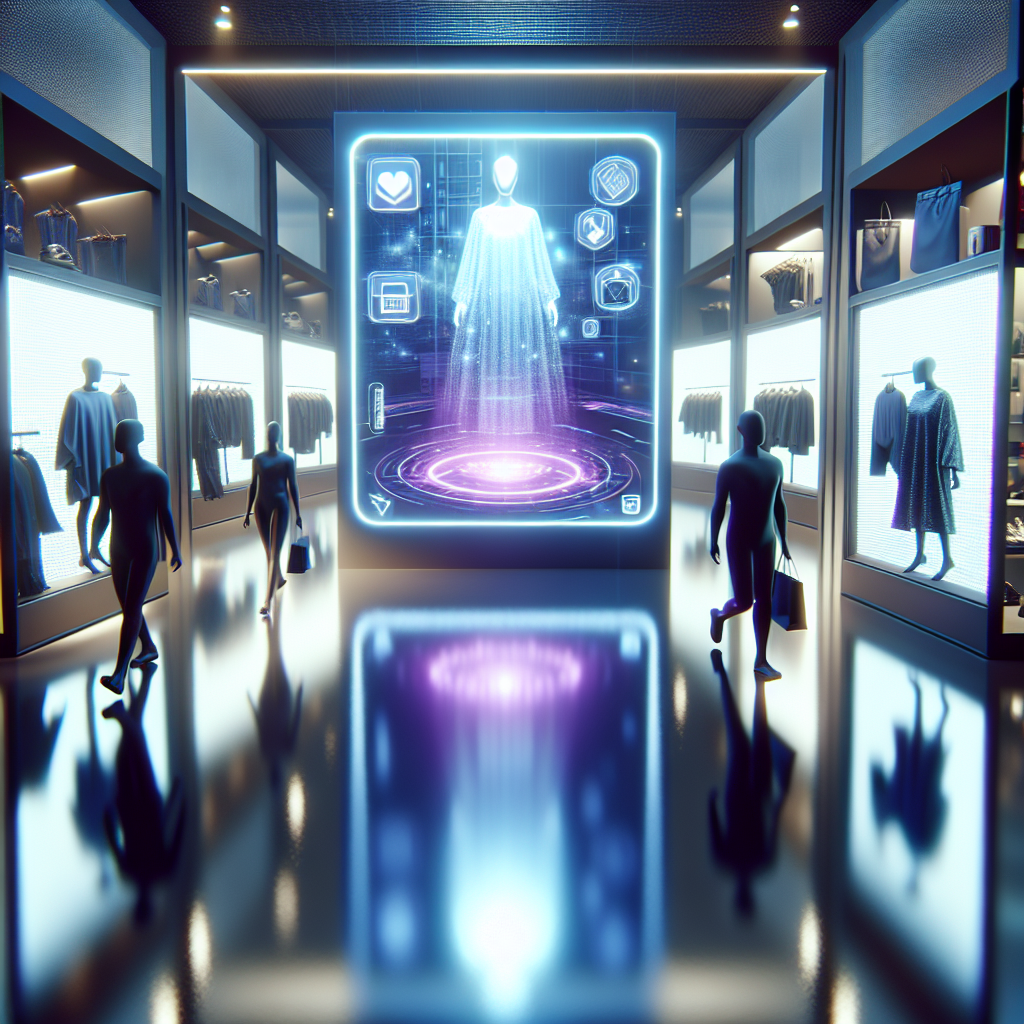 Animierte Figuren interagieren mit holografischen Displays auf einem futuristischen virtuellen Modemarkt.